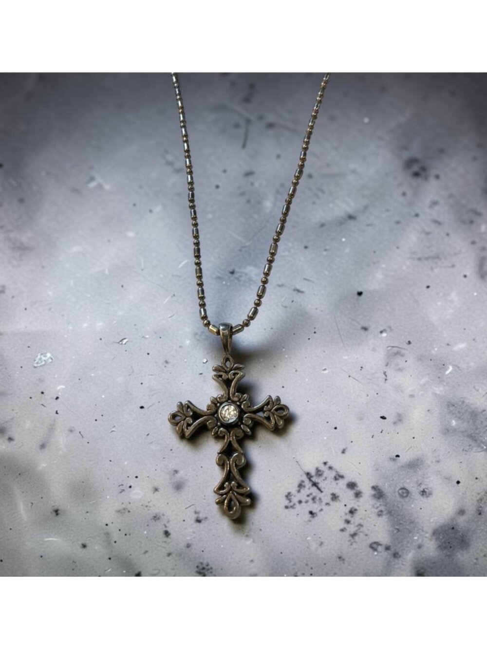 Sterling Silver Ornate Cross Pendant Necklace With Rhinestone Centerpiece 20" Ch